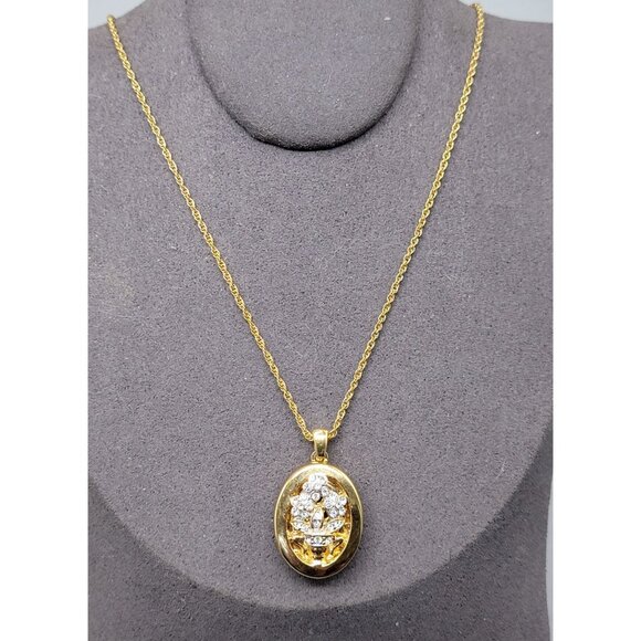 14kgp Crystal Double Locket Pendant Necklace Floral Vase Design Gold Plated 18" - Picture 1 of 12